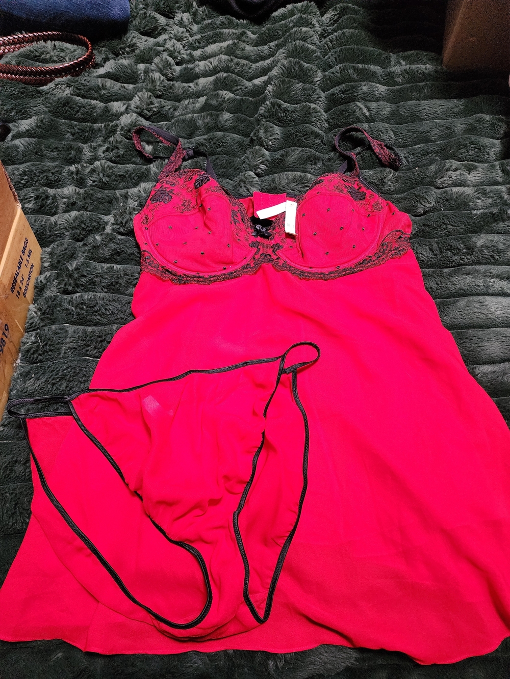 Cacique Red Lace Trim Babydoll Chemise with Matching Panty